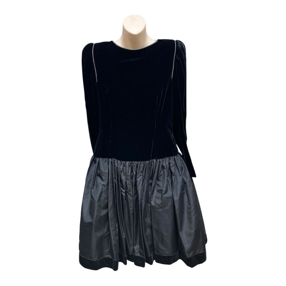 Vintage After Five Black Velvet Tulle Cocktail Dress Open Back Rhinestone